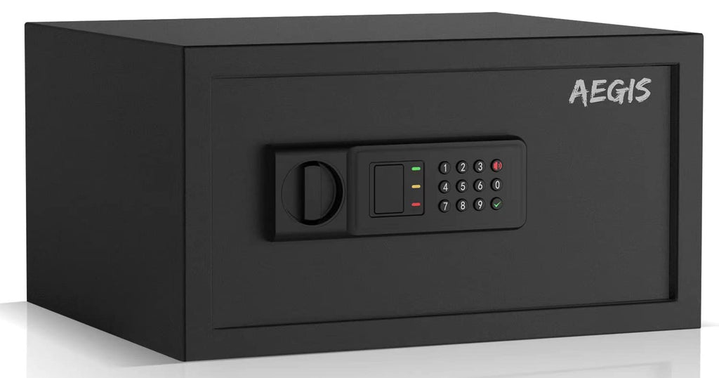 Caja fuerte electrónica AEGIS PS-20+ para el hogar, hotel, oficina, dinero en efectivo, joyas, incluye batería y llaves, color negro.