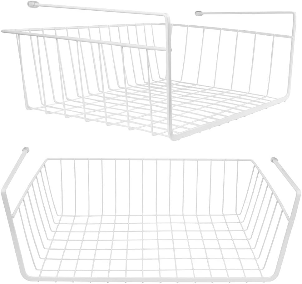 Tebery Pack 2 Cestas de Alambre Blancas Colgantes | Para Debajo de Estantes y Gabinetes | Deslizantes Organizadoras | Cocina Despensa Escritorio Estantería | 2 Unidades