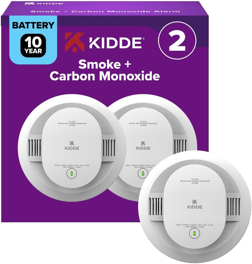 Detector de humo y monóxido de carbono Kidde, funciona con pilas durante 10 años, indicadores LED de estado, alarma de 85 dB, 5 pulgadas, 30CUD10, paquete de 2