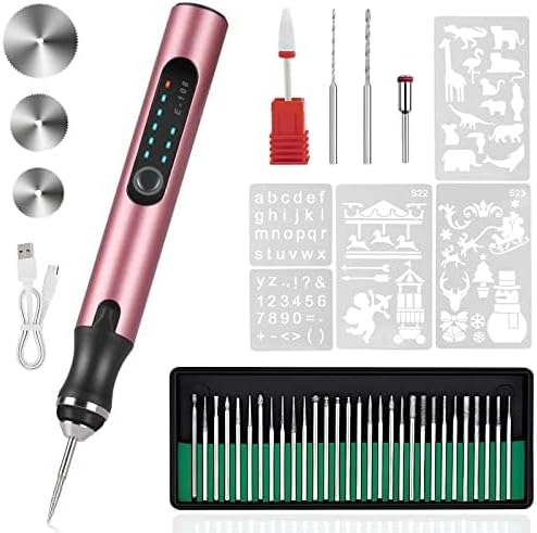 Lápiz de grabado eléctrico HOTROSE con 37 brocas, máquina de grabado inalámbrica recargable por USB, grabador rotativo portátil para bricolaje para tallar joyas, madera, vidrio y piedra (rojo rosado)