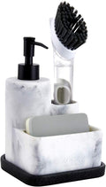 Dispensador de jabón blanco ZCCZ con soporte para esponja, dispensador de jabón de cocina, soporte para esponja y portacepillos, organizador 3 en 1 para encimera de fregadero, bandeja extraíble, aspecto mármol (cepillo no incluido). 