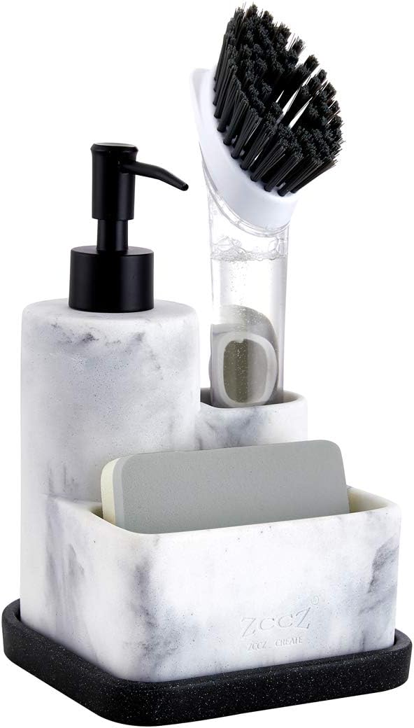 Dispensador de jabón blanco ZCCZ con soporte para esponja, dispensador de jabón de cocina, soporte para esponja y portacepillos, organizador 3 en 1 para encimera de fregadero, bandeja extraíble, aspecto mármol (cepillo no incluido). 