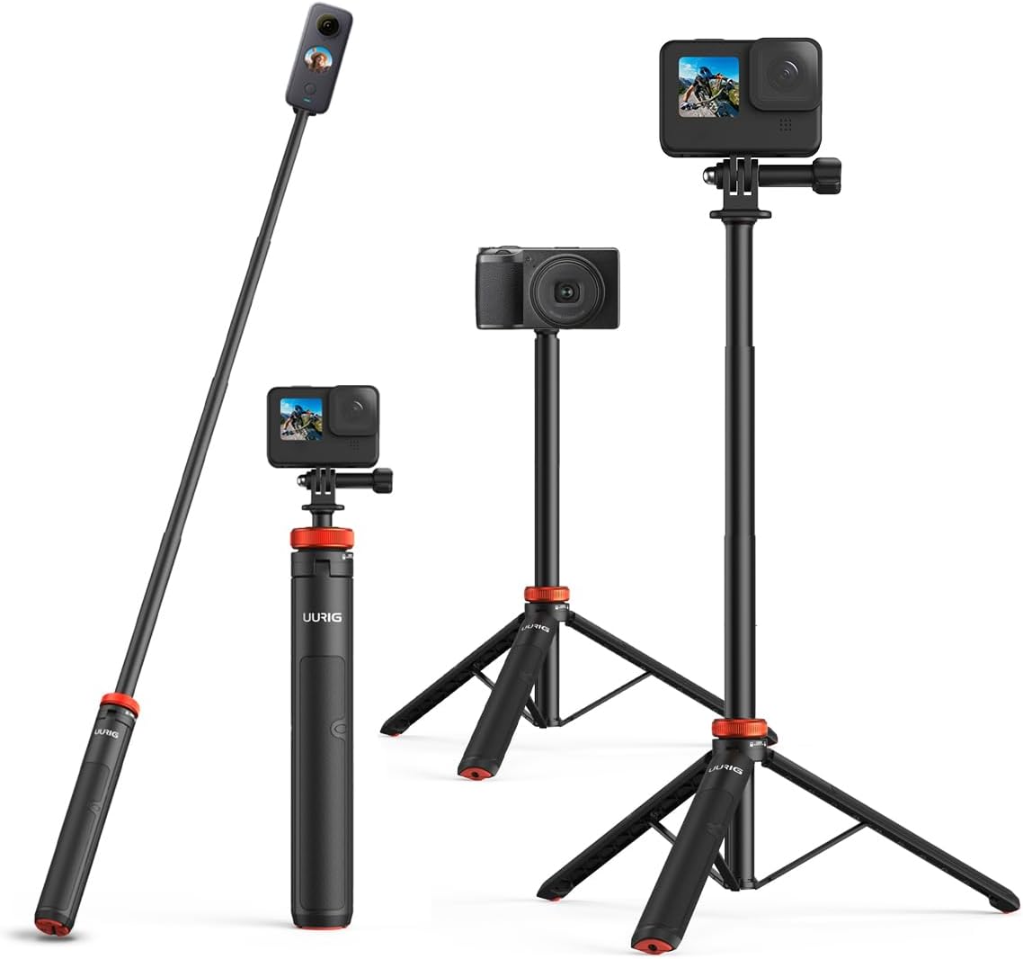 Palo selfie telescópico UURig largo con trípode, empuñadura impermeable, para Insta360X5/X4, GoPro Hero 13 12 11 10 9 8 7 6 5 4 3 2, Fusion, Max, Session, AKASO, SJCAM, DJI OSMO Action 6/5Pro/4/3 GoPro