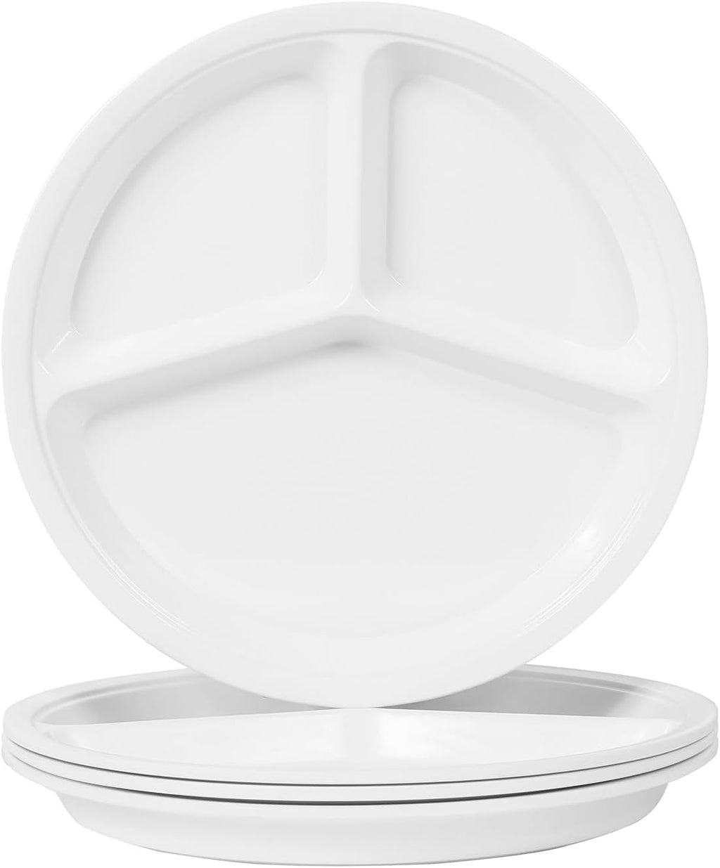 Portion Control Plates, 10-Inch Melamine Divided Plates, Set of 4, White | White Sectioned Plates with 3 Compartments and 1/2-1/4-1/4 Layout; BPA-Free, Dishwasher Safe and Stackable for Meal Prep.