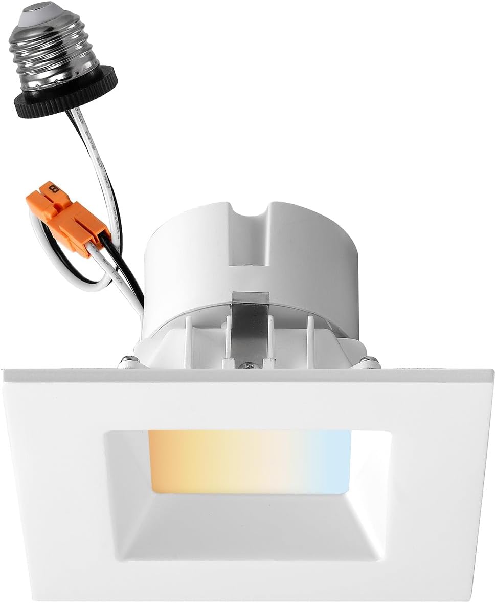 Downlight empotrable cuadrado Sunlite 89200 de 4 pulgadas, 11 vatios, 750 lúmenes, color seleccionable 27K/30K/35K/40K/50K, 90 CRI, certificado ETL, regulable, blanco, para entradas, pasillos y uso residencial.
