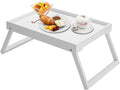 Mesa auxiliar de cama de bambú Kaukinye con patas plegables, bandeja para desayuno, escritorio para portátil para cama o sofá, para comida, cena, servir, mesa de TV, cocina, comer, trabajar (Blanco)