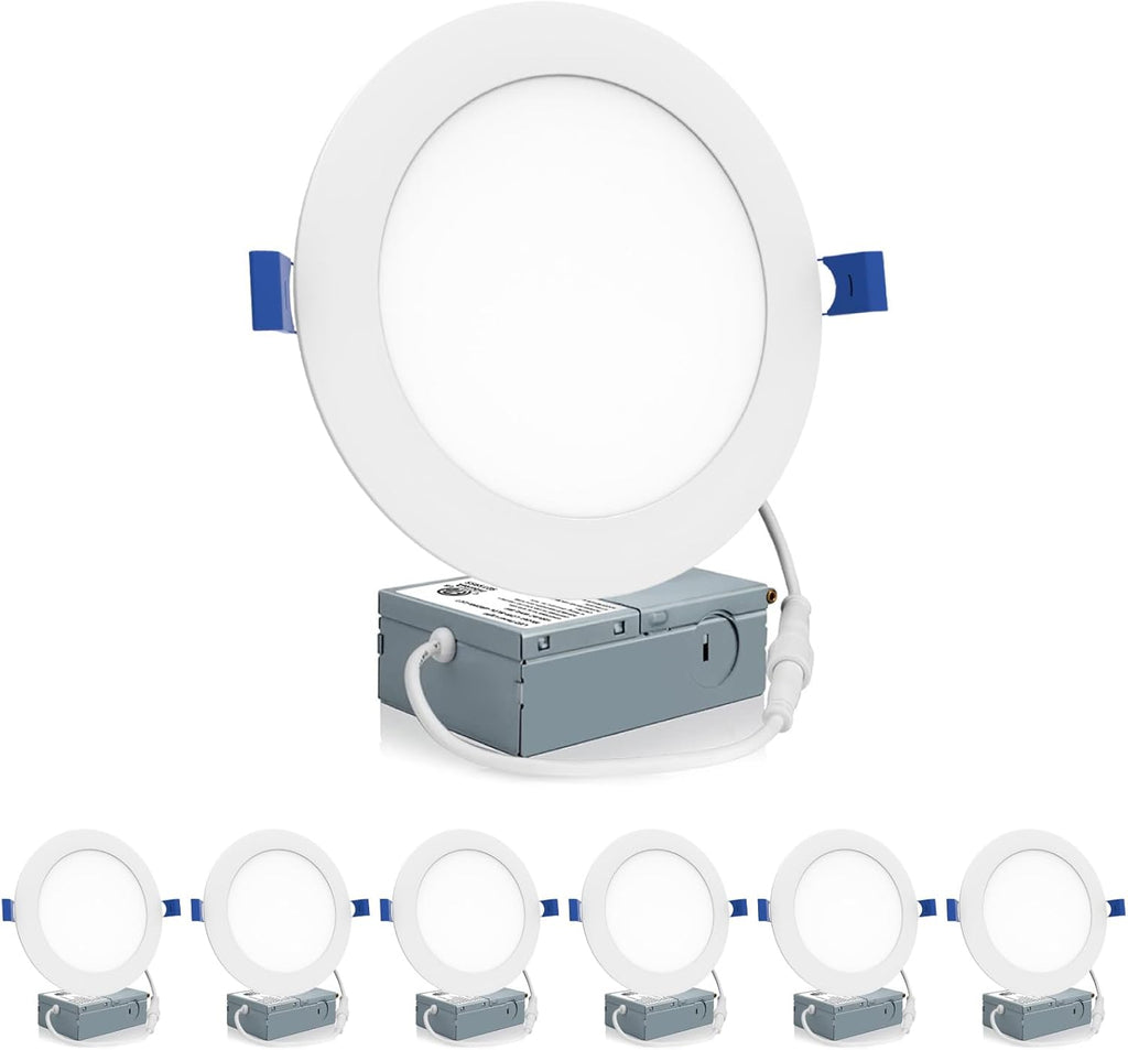 Meconard - Pack de 6 luces LED empotrables de techo ultrafinas de 6 pulgadas, luz diurna de 5000 K, regulables (12 W = 110 W), 1050 lm, con certificación IC, Can-Killer, caja de conexiones, certificación ETL y Energy Star 