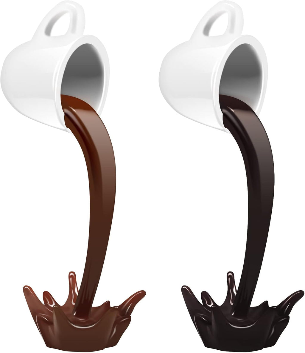 WEBBYBEAR Floating Coffee Cup Sculpture, 2 Pieces 8.7 in Magic Pouring Spilling Splash Coffee Mugs, Funny Resin Coffee Mug Decorations for Cafe or Kitchen (Brown, Black)