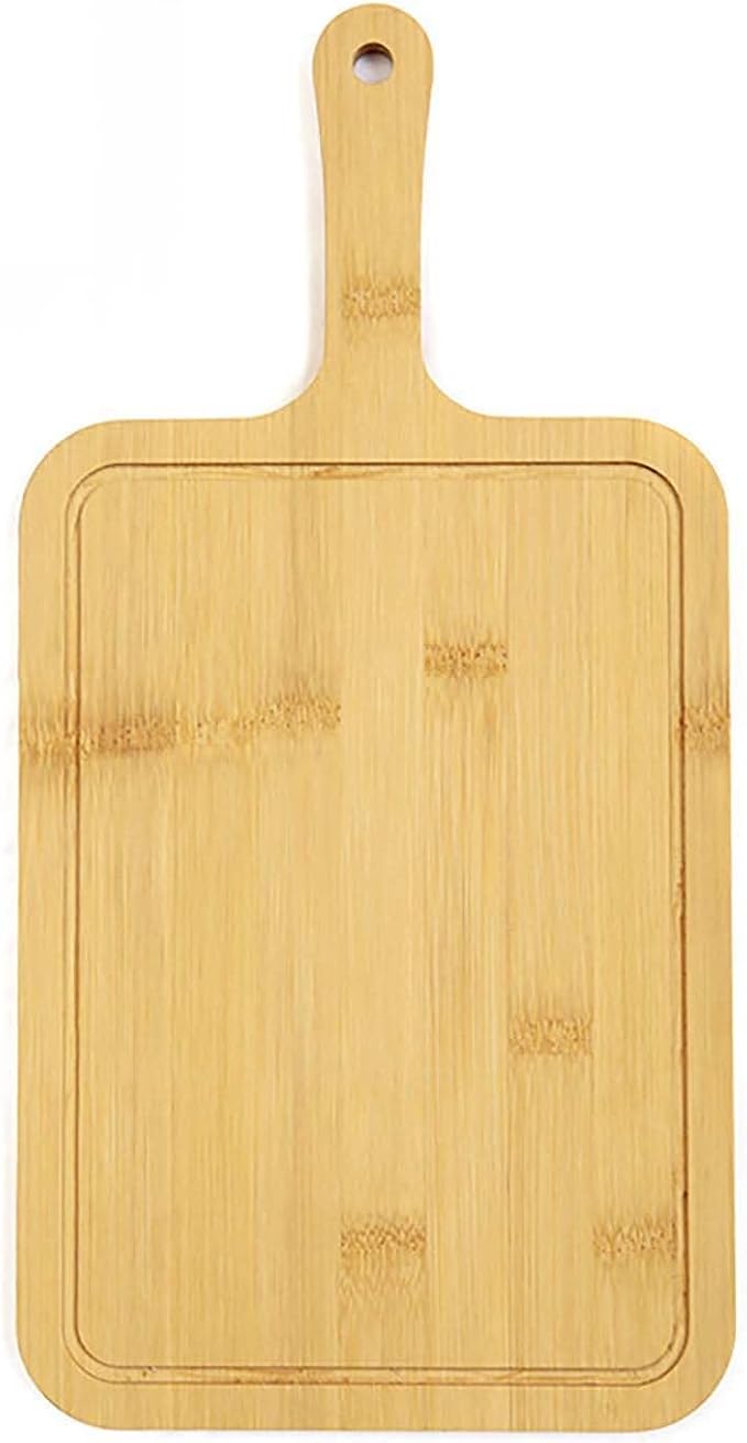 Plato de pizza de bambú, tabla para servir pizza hecha de bambú natural con guías ranuradas, asa, bandeja de madera hecha a mano para platos de pan y tapas (cuadrada grande, 1 unidad)