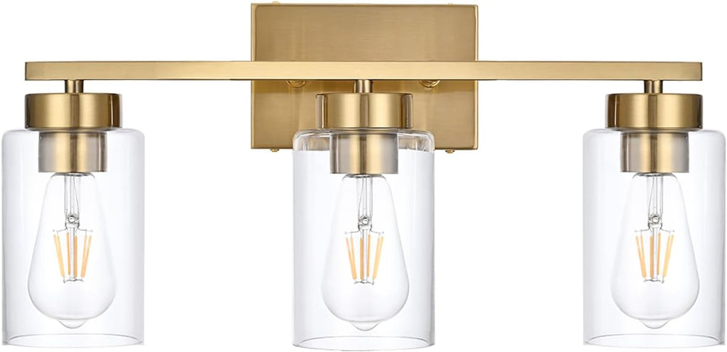 A1A9 Lámpara de Tocador de Baño 3 Luces | Moderna en Oro Cepillado con Pantallas de Vidrio Transparente | Aplique de Pared para Espejo, Sala y Dormitorio