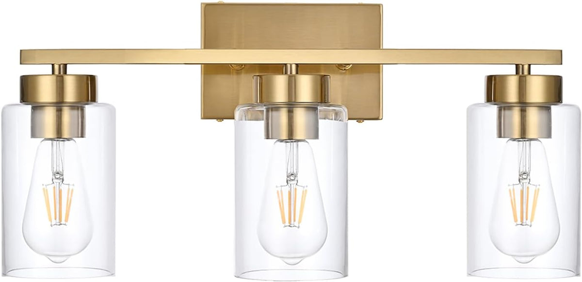 A1A9 Lámpara de Tocador de Baño 3 Luces | Moderna en Oro Cepillado con Pantallas de Vidrio Transparente | Aplique de Pared para Espejo, Sala y Dormitorio