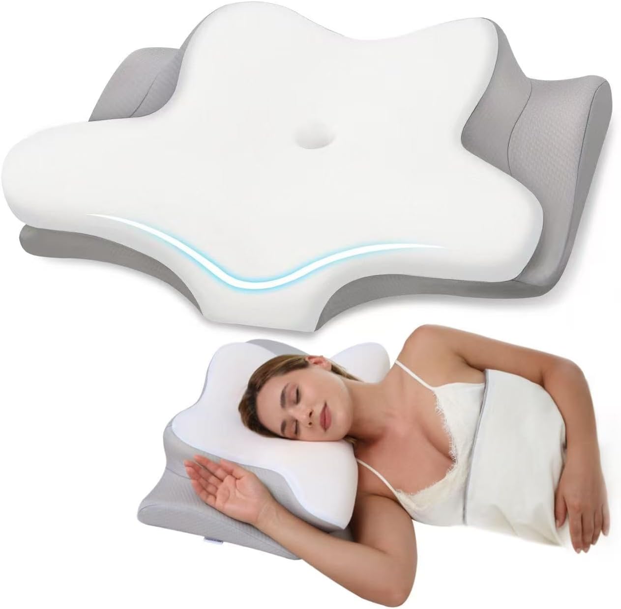 PAYHUIN Orthopedic Neck Pillow - Memory Foam Cervical Pain Relief Pillow, Cooling Ice Silk Cover, Ergonomic Design to Support Back, Side & Stomach Sleepers