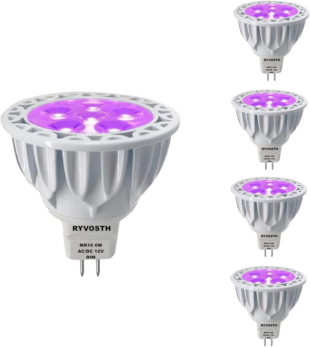 RYVOSTH 4 Pack Bombillas de Luz Negra LED | Base MR16 GU5.3, DC/AC 12V 6W, UVA 395-400nm | Brillan en la Oscuridad para Fiestas y Neon
