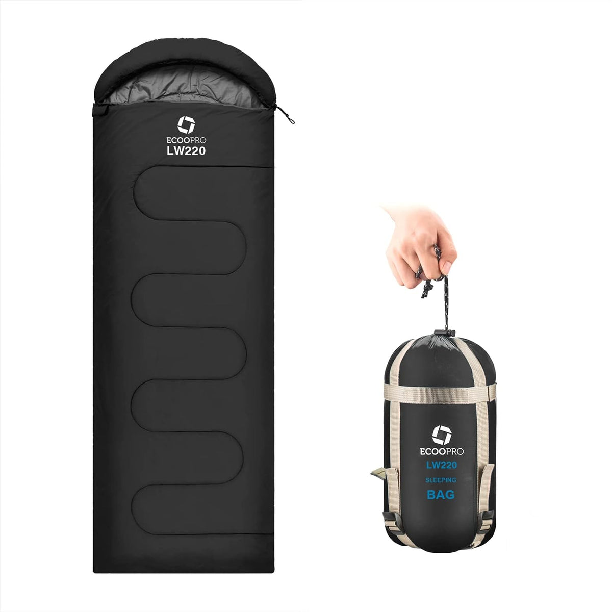 Saco de Dormir para Clima Cálido ECOOPRO - Portátil, Impermeable, Compacto, Ligero con Bolsa de Compresión - Ideal para Camping, Mochilería y Senderismo - 83 L x 76 cm (Negro)