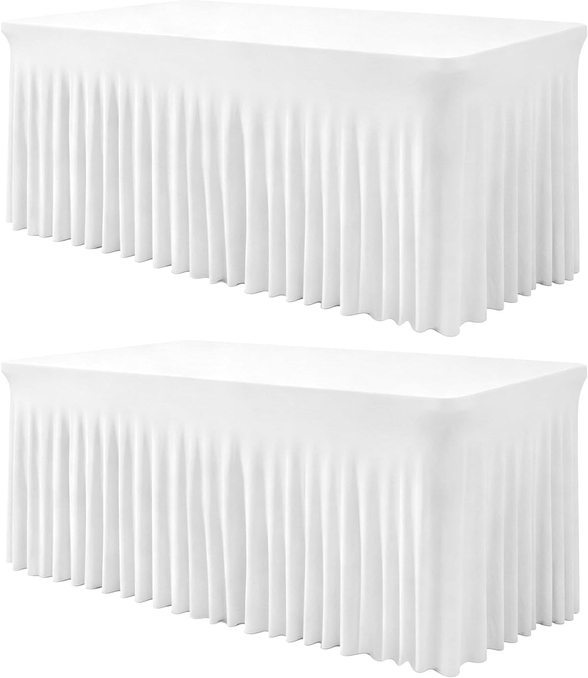 Faldones de mesa BDDC para mesas rectangulares de 1,8 m (6 pies) - Paquete de 2 manteles y faldones blancos de una sola pieza, con volantes resistentes a las arrugas y cubierta elástica para banquetes, bodas, eventos y fiestas.