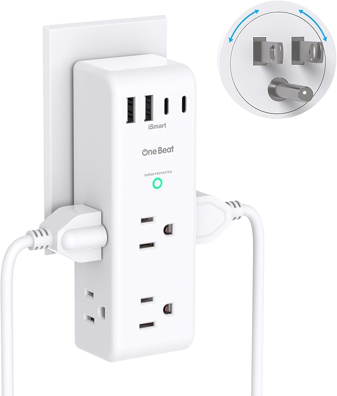 Protector de Sobretensiones 10 en 1 | 6 Tomas AC + 4 USB (2 USB-C) | Enchufe Giratorio 180°
