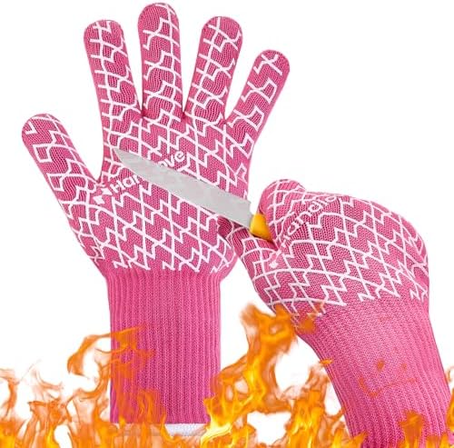Guantes HandLove de aramida resistentes al calor para barbacoa – Guantes para asar y hornear con dedos, agarre de silicona y puños largos para cocinar, hornear y barbacoas al aire libre – Rosa, pequeño