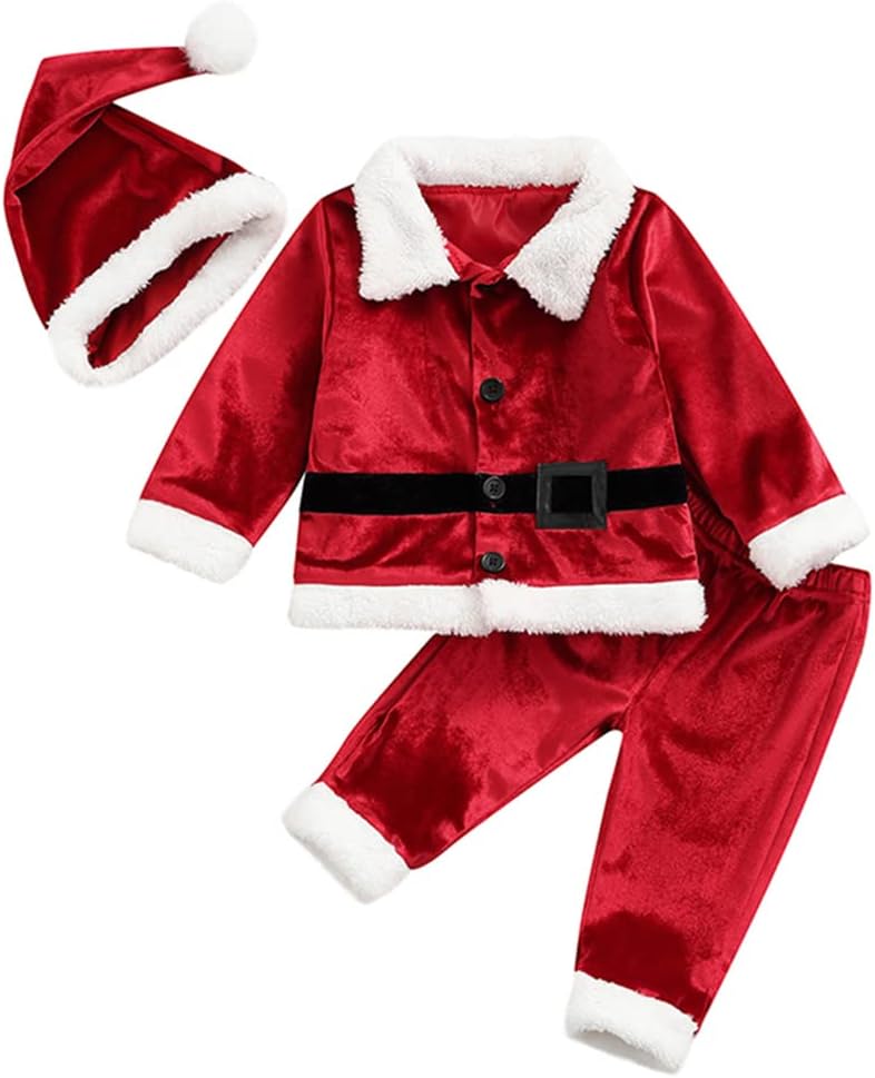 HEZIOWYUN Toddler Baby Boys Girls Santa Costume Velvet Long Sleeve Christmas Jacket + Long Pants +Xmas Hat 3pcs Sets (Santa Costume, 18-24M)
