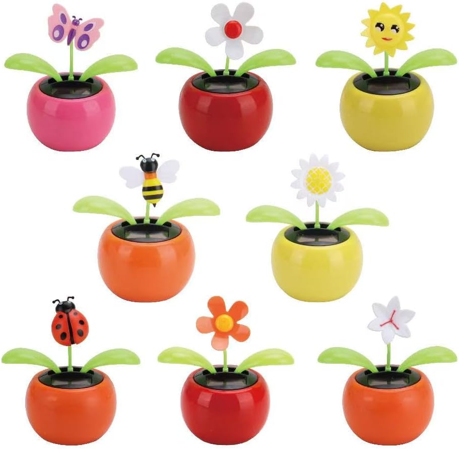 Set de 8 Flores Solares Bailarinas para Auto, Decoracion Ecologica que Baila con la Luz, Flores en Macetas Coloridas