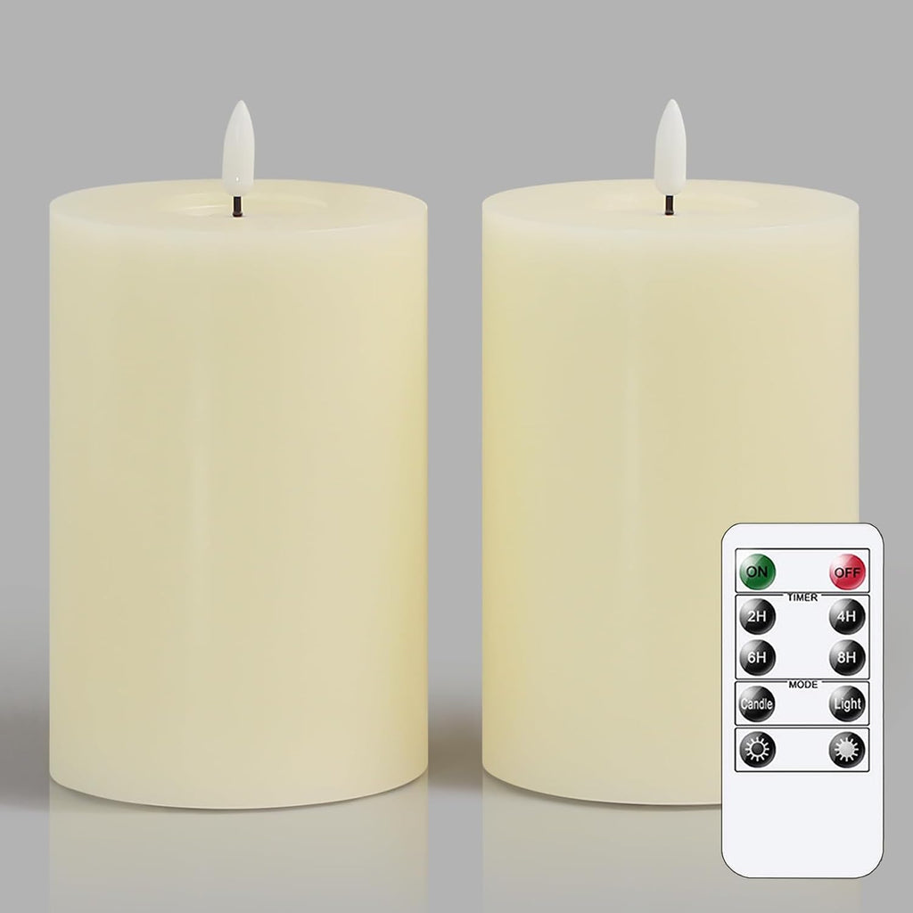 Zevanor Velas de Cera Real sin Llama 4x6 pulgadas, Marfil | Parpadeantes con Control Remoto y Temporizador, LED a Bateria, Pack de 2 para Decoracion