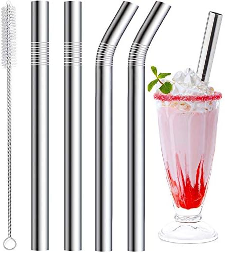 Vinaco Pajitas de acero inoxidable, extra anchas de 0.4 pulgadas, popotes de metal reutilizables para batidos, batidos, bebidas, juego de 4 con 1 cepillo de limpieza