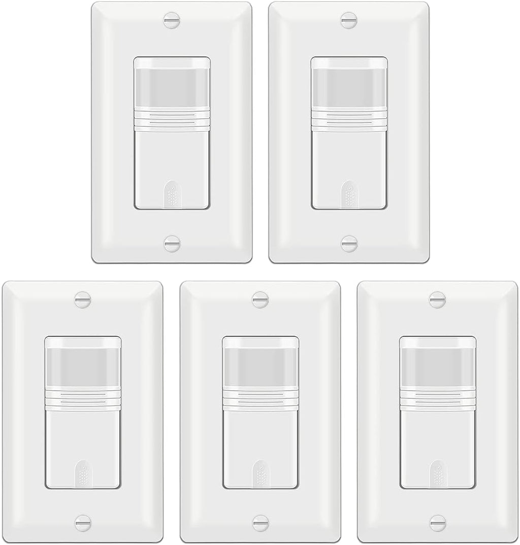 BESTTEN Paquete de 5 interruptores de luz con sensor de movimiento, PIR (presencia y ausencia), 800 W 1/6 HP, 120/277 V, unipolar, requiere cable neutro, placa de pared incluida, certificado UL, blanco