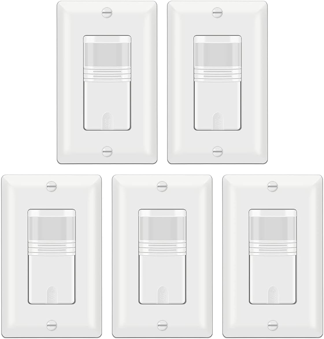 BESTTEN Paquete de 5 interruptores de luz con sensor de movimiento, PIR (presencia y ausencia), 800 W 1/6 HP, 120/277 V, unipolar, requiere cable neutro, placa de pared incluida, certificado UL, blanco