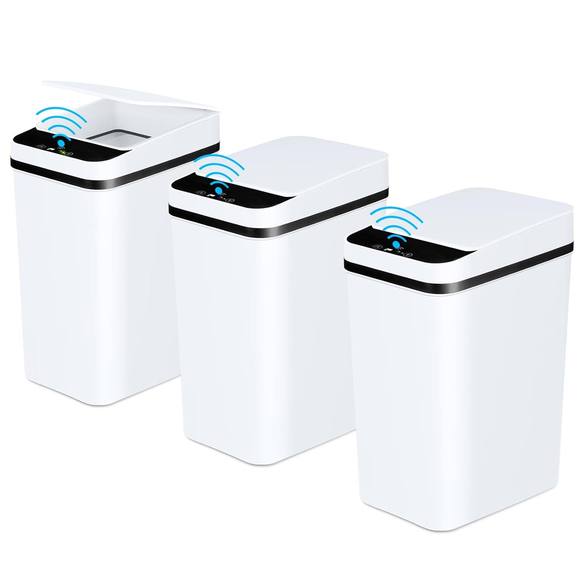 Paquete de 3 papeleras automáticas para baño Anborry, 2,2 galones, con sensor de movimiento, sin contacto, pequeñas y delgadas, con tapa, cubo de basura eléctrico inteligente y estrecho para dormitorio, sala de estar, oficina y cocina (blanco).