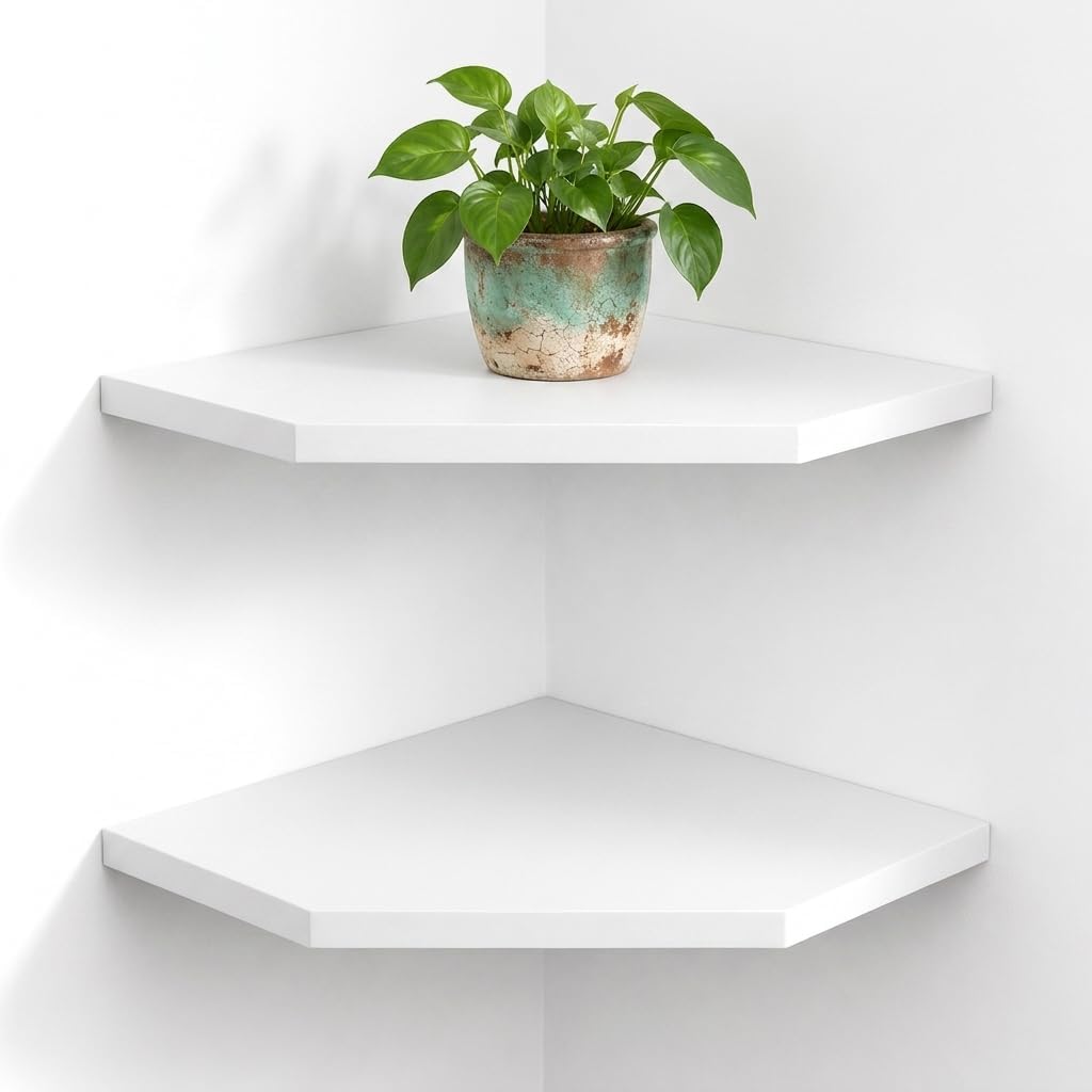 WELLAND Juego de 2 estantes flotantes de esquina de 30 cm (12 pulgadas), estante de almacenamiento de pared con acabado blanco para dormitorio, sala de estar, baño, estante de exhibición para plantas pequeñas, marcos de fotos, juguetes y más.