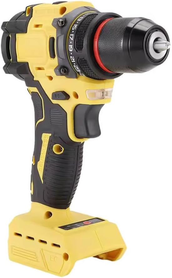 Taladro atornillador sin escobillas compatible con batería Dewalt de 20 V (batería no incluida), inalámbrico, 2 velocidades (0-450/1800 RPM), par de torsión de 25+1, portabrocas sin llave de 3/8" para reparaciones domésticas.