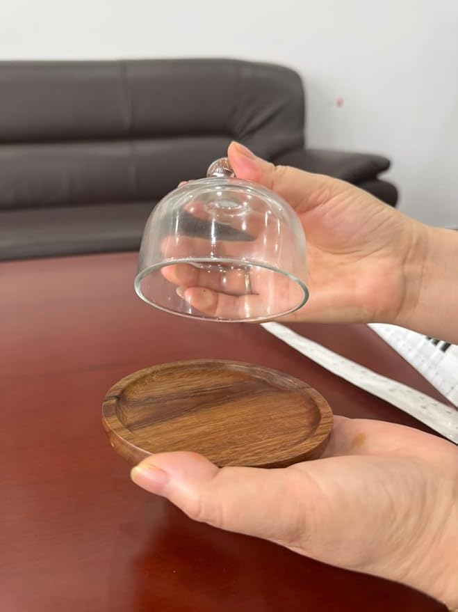 2 juegos de soporte para mini tartas, plato para servir con cúpula, soporte de madera de 10 cm para tartas con cúpula de cristal de 8,25 cm de diámetro, plato para magdalenas con tapa