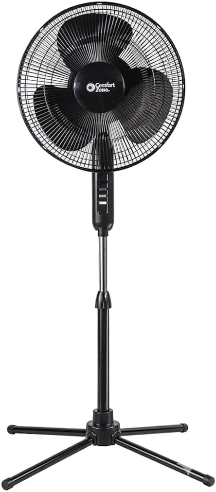 Ventilador de pie Comfort Zone, ventilador de pedestal de 16 pulgadas para dormitorio, ventilador de piso de 3 velocidades, oscilación de 90 grados, altura ajustable, inclinación ajustable, circulador de aire oscilante, negro
