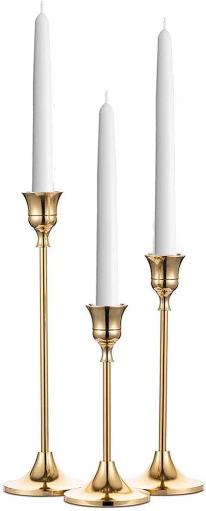 Juego de 3 candelabros dorados brillantes, portavelas cónicos de metal, vintage y moderno, centro de mesa decorativo para mesa, mantel de boda, regalo de inauguración de la casa