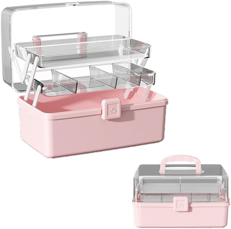 VIENE DOBLADO-Rainfordhoma Caja Organizadora 3 Niveles 32cm con Asa | Portátil Plegable para Manualidades, Maquillaje y Costura Rosa