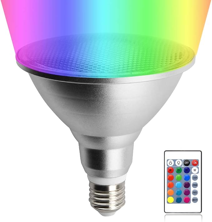 Foco LED PAR38 RGB 20W Regulable con Cambio de Color – Base E26, Resistente al Agua, con Control Remoto