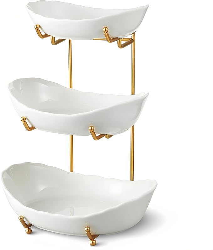 Frutero de cerámica para encimera de cocina, cesta de frutas de 3 niveles con soporte de metal, soporte de frutas escalonado para encimera, aperitivos, nueces, pasteles, postres, lindo (dorado, pequeño)