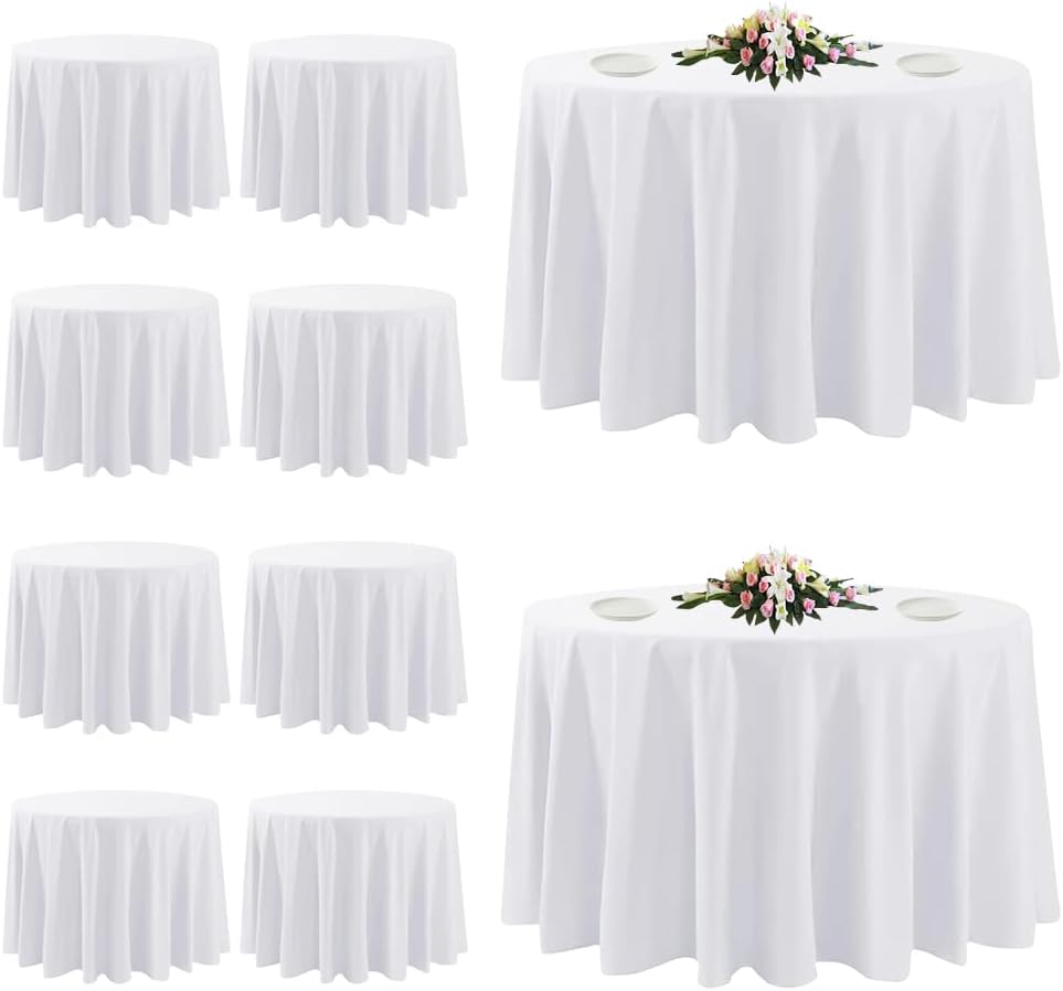 Manteles Redondos Blancos (10 Pack) | 305cm | Resistentes a Manchas y Arrugas | Poliéster Lavable | Para Cocina, Comedor, Bodas y Banquetes