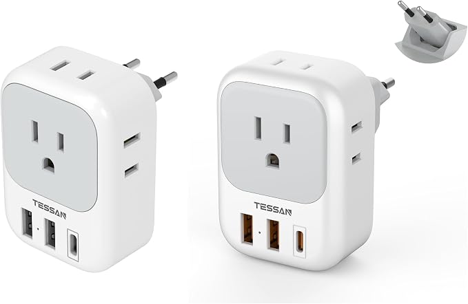 TESSAN Adaptador de enchufe de viaje europeo con 4 AC 3 USB (1 USB C PD 20W), enchufe plegable tipo C, para EE. UU. a la mayoría de la UE