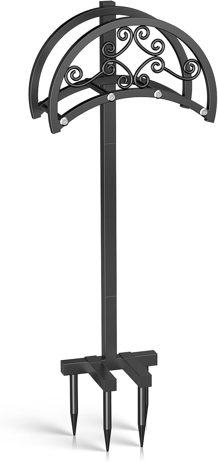 Soporte para manguera de jardín OLV, soporte de metal resistente para manguera de agua de exterior, estaca independiente con 4 puntas, capacidad para 45 metros de manguera, soporte decorativo desmontable para manguera, ideal para exteriores, jardín