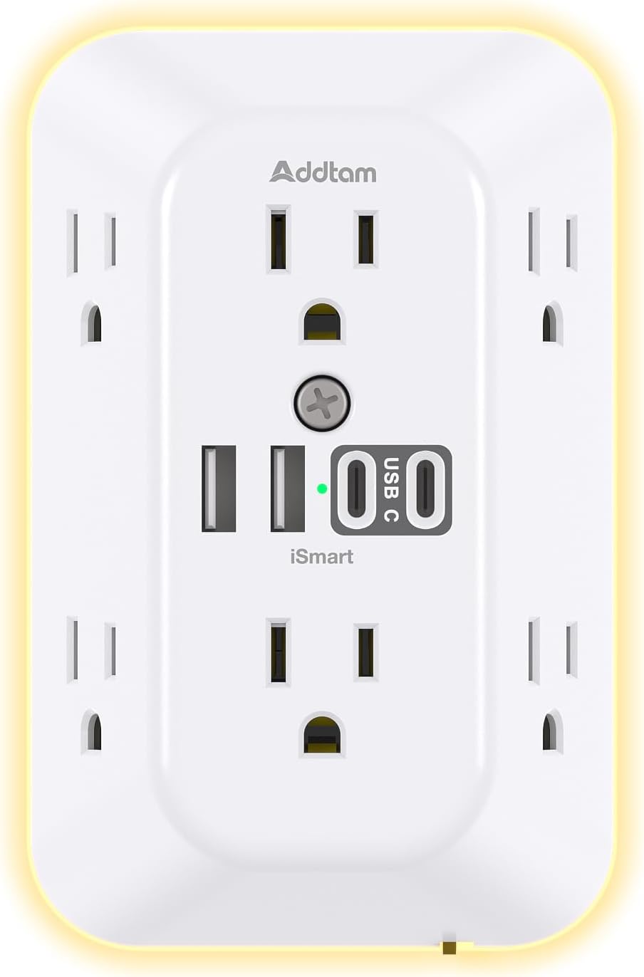 Extensor de enchufes con protector contra sobretensiones Addtam, divisor de 6 tomas con luz nocturna y cargador de pared USB de 4 puertos (2 puertos USB-C), regleta de enchufes múltiples para el hogar, la oficina y la residencia estudiantil.
