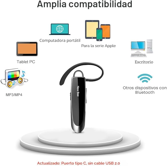 New bee Auricular Bluetooth V5.0 Auriculares inalámbricos manos libres con micrófono 24 horas Auriculares de conducción 60 días tiempo en espera para iPhone, Android, Samsung, portátil, camionero