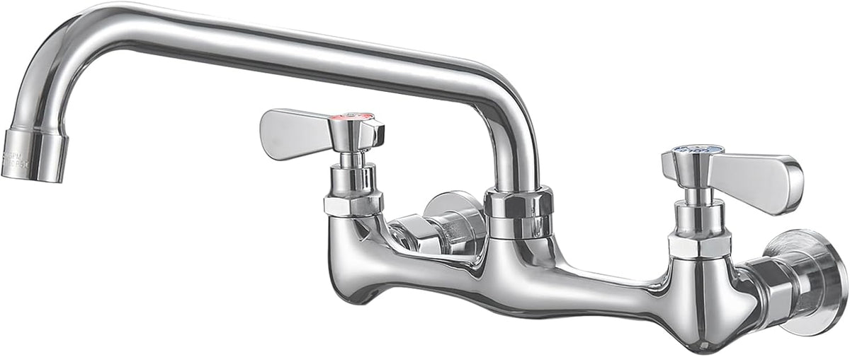 Wall Mount Kitchen Faucet Commercial Sink Faucet with 8 Inch Swivel Spout | Two Handles,8 Inches Center,Gooseneck 360° Rotating Spout,Faucet for Restaurant/Laundry/Utility Sinks,Lead-Free,Chrome Finish