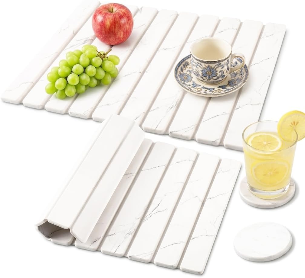 3 tapetes grandes de piedra para secar platos en la encimera de la cocina - Tapete de tierra de diatomeas de secado rápido con 2 posavasos, almohadilla de secado de piedra ultra absorbente para platos y tazas, resistente al calor, mármol blanco