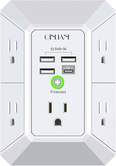 QINLIANF - Cargador de pared, protector de sobretensiones, extensor de 5 tomas de corriente con 4 puertos de carga USB (4.8 A en total) de 3 lados 1680J, adaptador de enchufe múltiple espaciado para