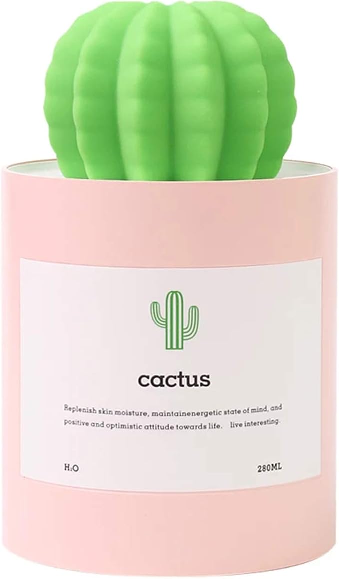 ⚠️ NO CONTIENE EL CABLE CONECTOR TIPO (B) | Minihumidificador, 280ml USB Portátil Cactus Difusor de aire con niebla fría, Funcionamiento Ultra-silencioso para Dormitorio Hogar Oficina Yoga Auto Viajes (Rosa)