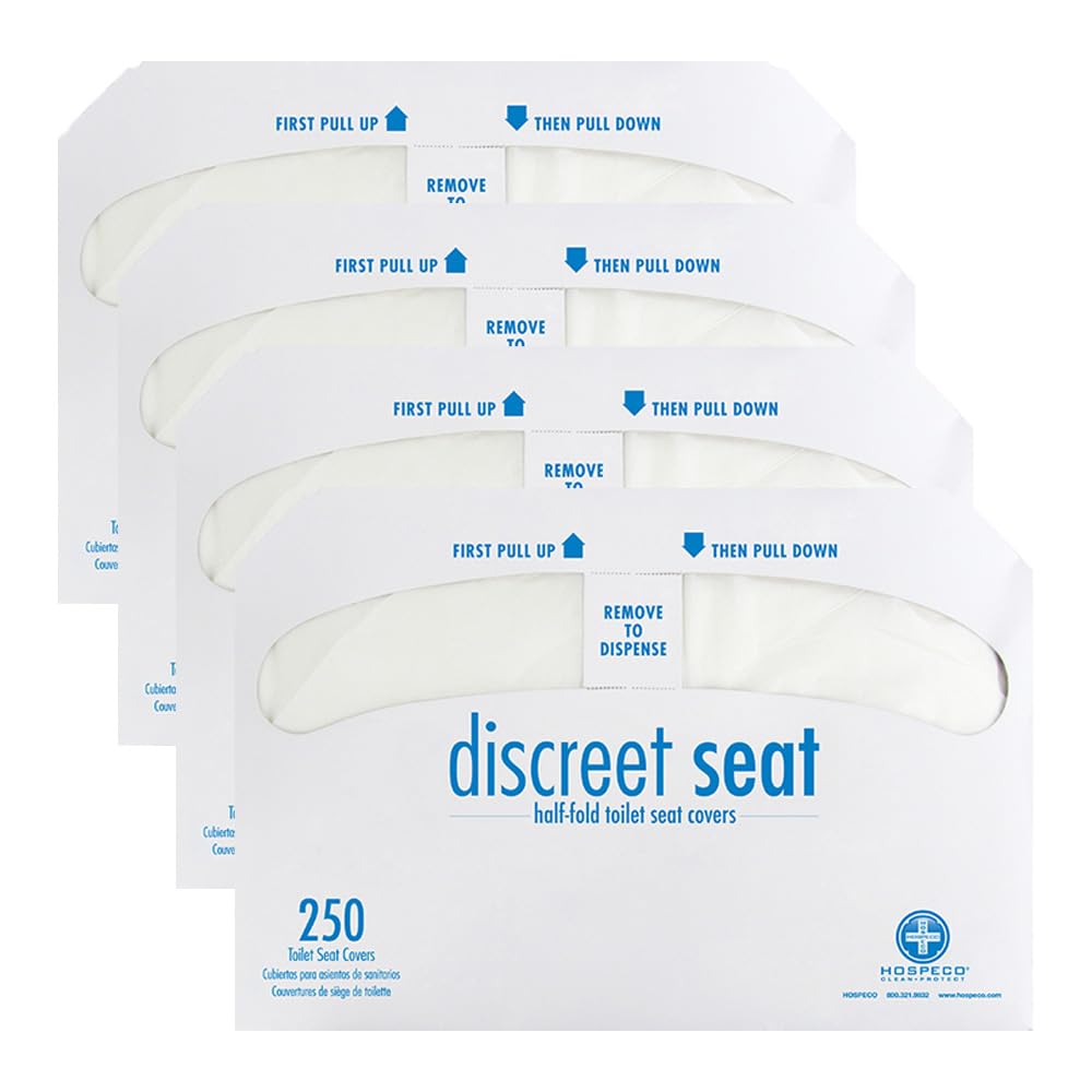 Fundas desechables para asientos de inodoro Hospeco - 1000 unidades, 4 paquetes de 250 - Asientos discretos de papel desechables para dispensadores de pared comerciales, 16.75 x 14.25 pulgadas, plegados por la mitad, color blanco.