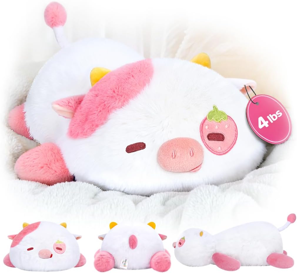 Weighted Stuffed Animals 4.0 Lbs – Weighted Strawberry Cow Plush, Weighted Plush Animals for Kids, Cow Weighted Pillow, Birthday Gifts for Women, Girls and Males (23 inch)