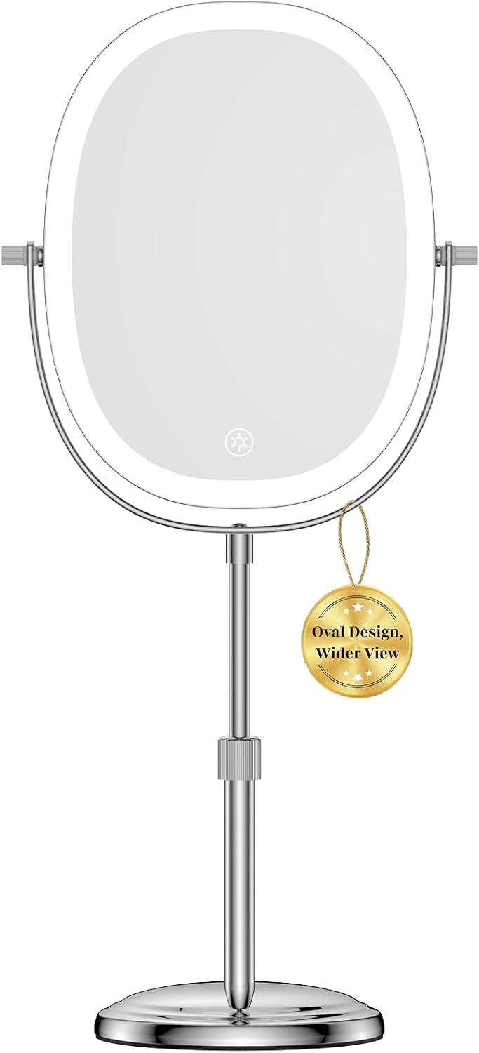 DeLanges 9″ Makeup Mirror with Lights, 7X Magnification, Height Adjustable Vanity Mirror, Rechargeable 3 Color Lighting Mode, 360° Swivel Double Sided Magnifying Mirror, Chrome, Gift for Women