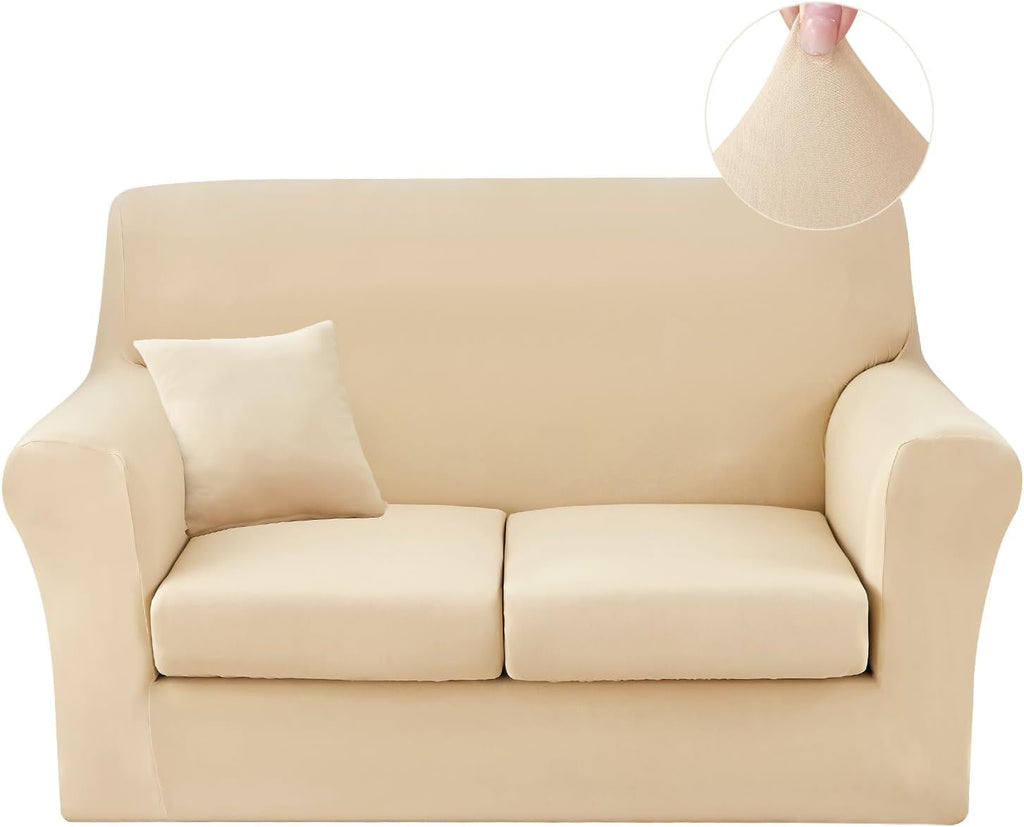 JQinHome Set de 2 Fundas Elásticas para Sofá – 1 Grande + 1 Pequeña, Sofá 2 Plazas, Lavable, Beige
