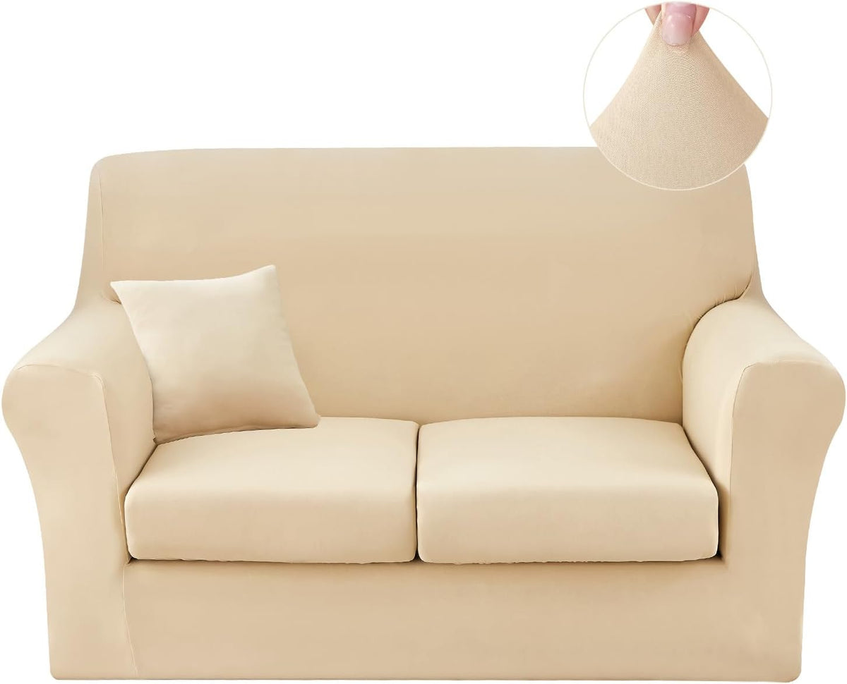 JQinHome Set de 2 Fundas Elásticas para Sofá – 1 Grande + 1 Pequeña, Sofá 2 Plazas, Lavable, Beige